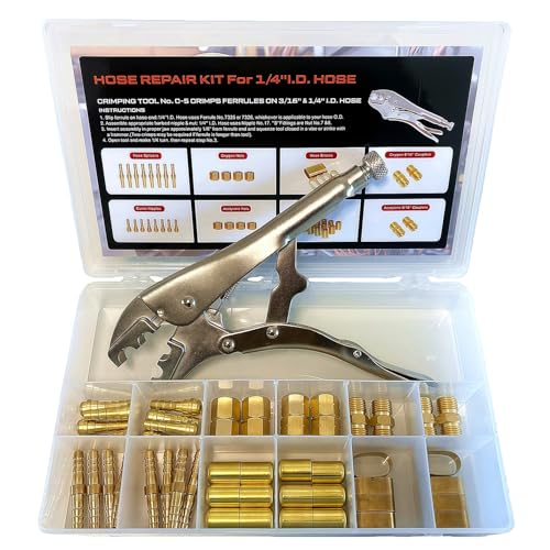 49Pcs Welding Torch Hose Repair Kit for 3/16 to 1/4 inch ID Hose Pipe With Crimper Ferrules Couplers Braces Splicers Nipples Nuts and Storage Box Oxygen Acetylene Use
