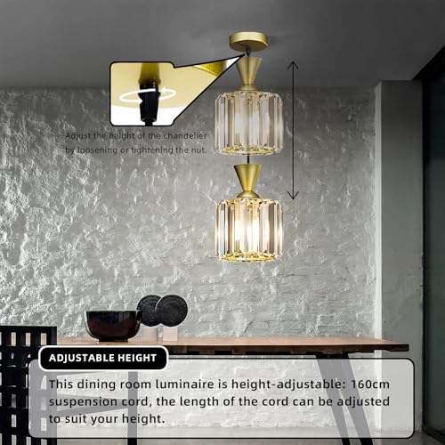 niuniaj Pendant Light,Acrylic Crystal Pendant Light Shade,150CM Adjustable Ceiling Pendant Light Fitting,E27 Pendant Ceiling Light fof Living Room Bedroom Kitchen Dining Room Hallway Glod(NO Bulb) - Image 4