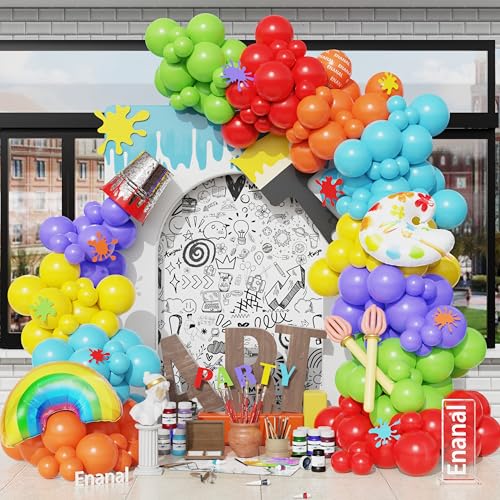 Image of Art Paint Balloon Garland Arch Kit, 163pcs Rainbow Color Balloons with Palette Foil Balloon for Art Painting Splatter Party Supplies Boys Girls Birthday Graffiti Party Baby Shower Decorations