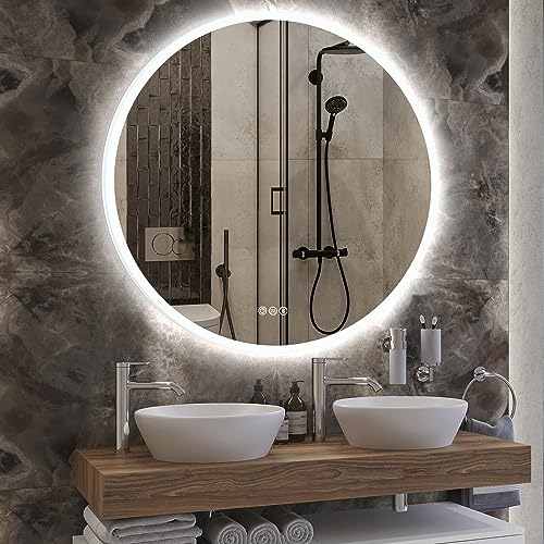 S·BAGNO 32 Round Bathroom Mirror with Lights, Acrylic Frame Wall-Mounted Vanity LED Bathroom Mirror, Dimming, Color Changing, Anti-Fog, Illuminated H