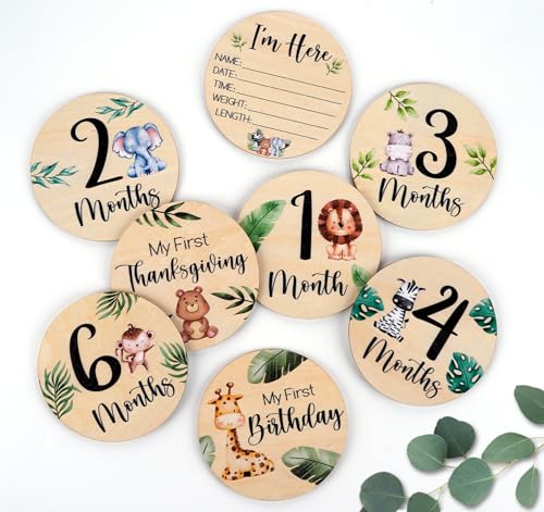 Image of HOUÍSM Wooden Baby Monthly Milestone Cards Safari Jungle Animals with Birth Announcement Sign, Pregnancy and Baby Shower Gifts for Boys and Girls, Newborn Photography Props