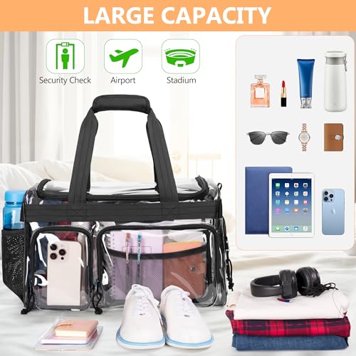 YARWO Large Clear Gym Bag with Shoes Compartment, Stadium Approved PVC Duffle Bag with Multiple Pockets and Shoulder Strap, Waterproof Carry On Tote for Travel, Sports, Overnight, School, Work2
