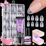 Ejiubas Gel Nail Kit - 300Pcs 15 Sizes Short Almond Nail Tips, 30ML Last Long Solid Gel with Portable Nail Lamp, Acrylic Nail Kit Gel Nail Extension Set Fake Nail Kit for Diy Home Manicure