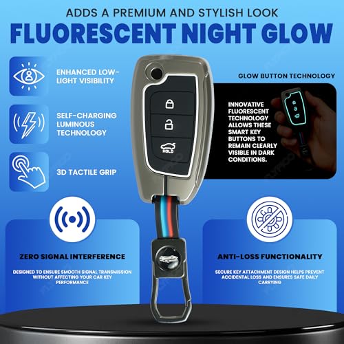 Image of Coll of Fest Premium Metal Silicon Key Cover Compatible with Hyundai Verna 2024 2023 | i20 N line N6 Car 3 Button Flip Smart Key Metal and Silicon Protection Glow in the Dark
