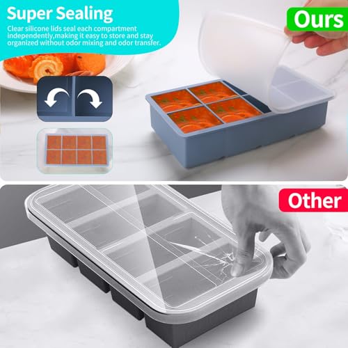 Image of 1 /2 Cup Silicone Freezer Tray With Lid - Silicone Freezer Molds 4-Pack For meal prep & freezing of various sauces and other dishes, makes 32 perfect 1 /2 cup portions cubes (Blue 4 Pack)