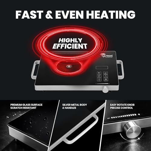 Image of ULTRON Infra SS 2000W Infrared Cooktop with Knob & Touch Control, Ceramic Glass, Works with All Cookware, 4 Cooking Modes, Fast Heating Electric Stove with Free Grill Rack & 1 Year Warranty.