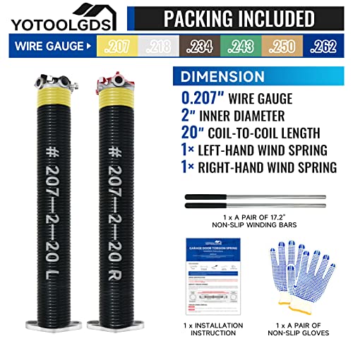 Pair of 2" Garage Door Torsion Springs Set with Non-Slip Winding Bars & Gloves, High Precision Electrophoresis Oil-Free Black Coated for Replacement, MIN 16,000 Cycles (0.207x 2" x 20'')