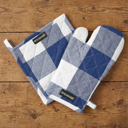 Image of Encasa XO Heat Resistant 100% Cotton Oven Glove & Potholder Set with Loop, Kitchen Cooking Mittens, Microwave Safe Hot Pads (Buffalo Blue Checks)