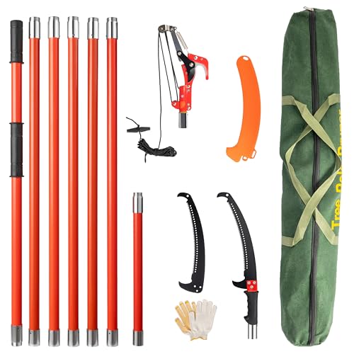 Image of VINGLI 24ft Manual Pole Saws, Extendable Tree Trimmers Long Handle Pruner, Sharp Steel Blade and Scissors, Long Tree Pruner with Lightweight 7 Fiberglass Handles for Pruning Palms and Shrubs