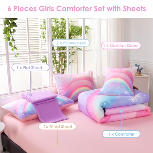 Image of Glitter Rainbow Queen Size Girls Bedding 6 Pieces Colorful Galaxy Comforter Set with Sheets Pink Purple Gradient Bed in A Bag for Kids Teen Girl (Glitter Rainbow, Queen)