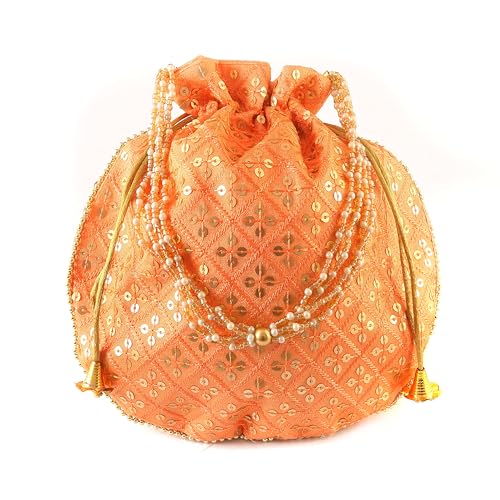 Image of Handcrafted Potli Purse with Golden Floral Embroidery and Pearl Accents
