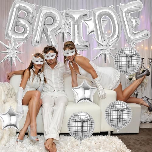 Image of Silver Bride Balloons Bachelorette Party Decorations, 32in Silver Giant Bride Balloons with 4D Disco Ball Balloon and Star Foil Balloon for Bridal Shower Wedding Engagement Party Supplies