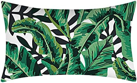 Fullfun Green Cushion Covers Leaf, Tropical linen pillow covers with flamingo, Pack of 4 rectangle jungle throw pillowcase, For sofa, couch, bedroom & outdoor cushions 30 cm x 50 cm (12 x 20 inch)