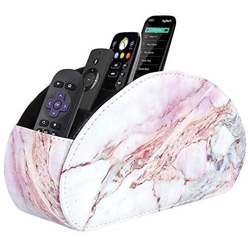 Lahome Remote Control Holder with 5 Compartments - PU Leather TV Remote Caddy Desktop Organizer for TV Remotes, Media Controllers, Office Supplies, Makeup Brush (Pink Marble)