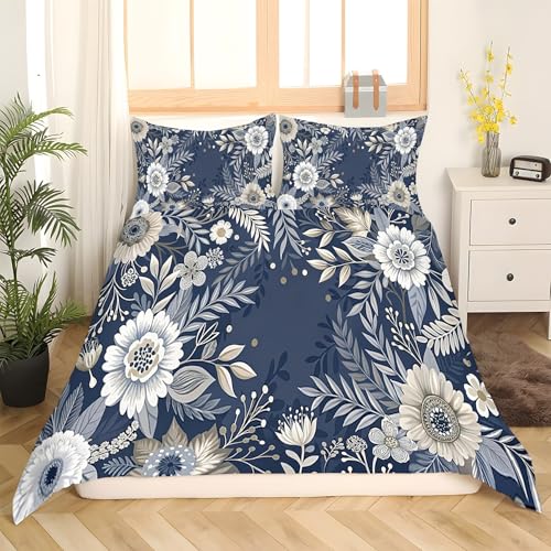 Housse de Couette 160x200 FleursBleu 3 Pièces : Parure de Lit Microfibre
