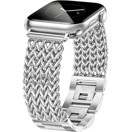 JR.DM Silver Bracelet Band for Women Compatible with Apple Watch 38mm 40mm 41mm 42mm (S10/11) Designer Stainless Steel Metal Chain Dressy Strap for iWatch Series 11/10/9/8/7/6/5/4/SE/3/2/1