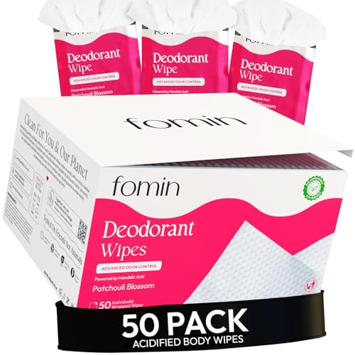 Image of FOMIN Acidified Deodorant Wipes for Women & Men - 50 Count | Patchouli Blossom - pH Balanced Mini Deodorant Wipes, Travel Size - Plastic-Free & Individually Wrapped Body Wipes