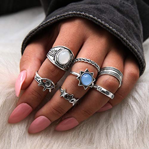 Twinklede Boho Finger Ring Set Silver Rhinestone Joint Knuckle Rings Evil Eye Stackable Ring for Women and Girls (Pack of 7)