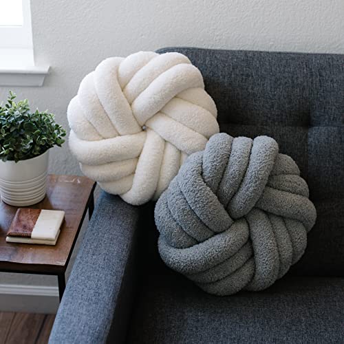 Sav&Co White Knot Pillow | 12.6” Round Throw Pillow | Handmade Knotted Pillow | Wrinkle-Free Plush Knot Ball Pillow | Wrinkle-Free Knot Pillow Ball For Couch, Bed, & More | 4.7" Thick Circle Pillow #TOP3