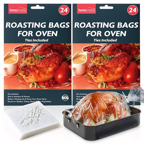 SOL 48pk Roasting Bags for Oven with Ties Included 38x25cm Multipurpose Heat Resistant Leak Proof Cooking Pouches for Poultry Meat Vegetables Turkey Beef Festive Meals Home Use
