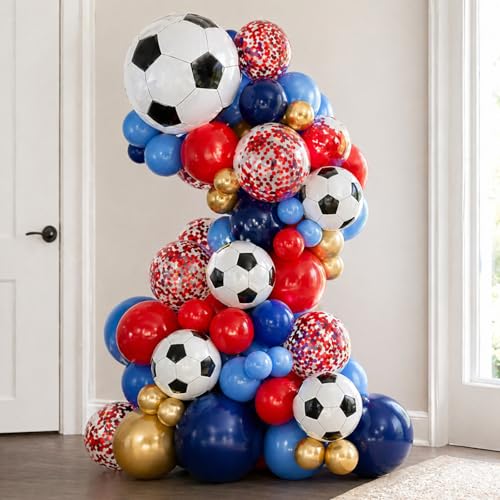 Image of Soccer Balloons, 12Inch Blue Red Gold Soccer Printed Latex Balloons, Navy Royal Blue Red and Metallic Gold Helium Balloon with Confetti Balloon for Sport Football Theme Boy Men Birthday Party Decor