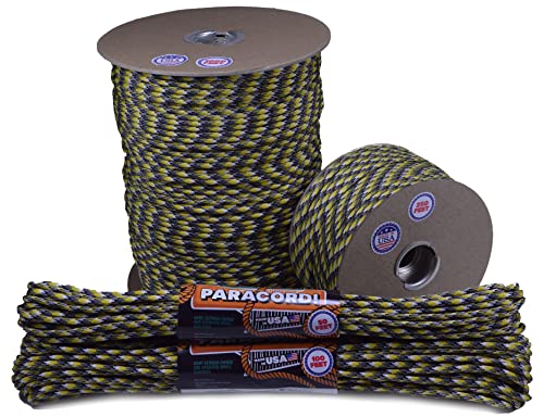 Bored Paracord - 1', 10', 25', 50', 100' Hanks & 250', 1000' Spools of Parachute 550 Cord Type III 7 Strand Paracord Well Over 300 Colors - Yellow Camo - 1 Foot