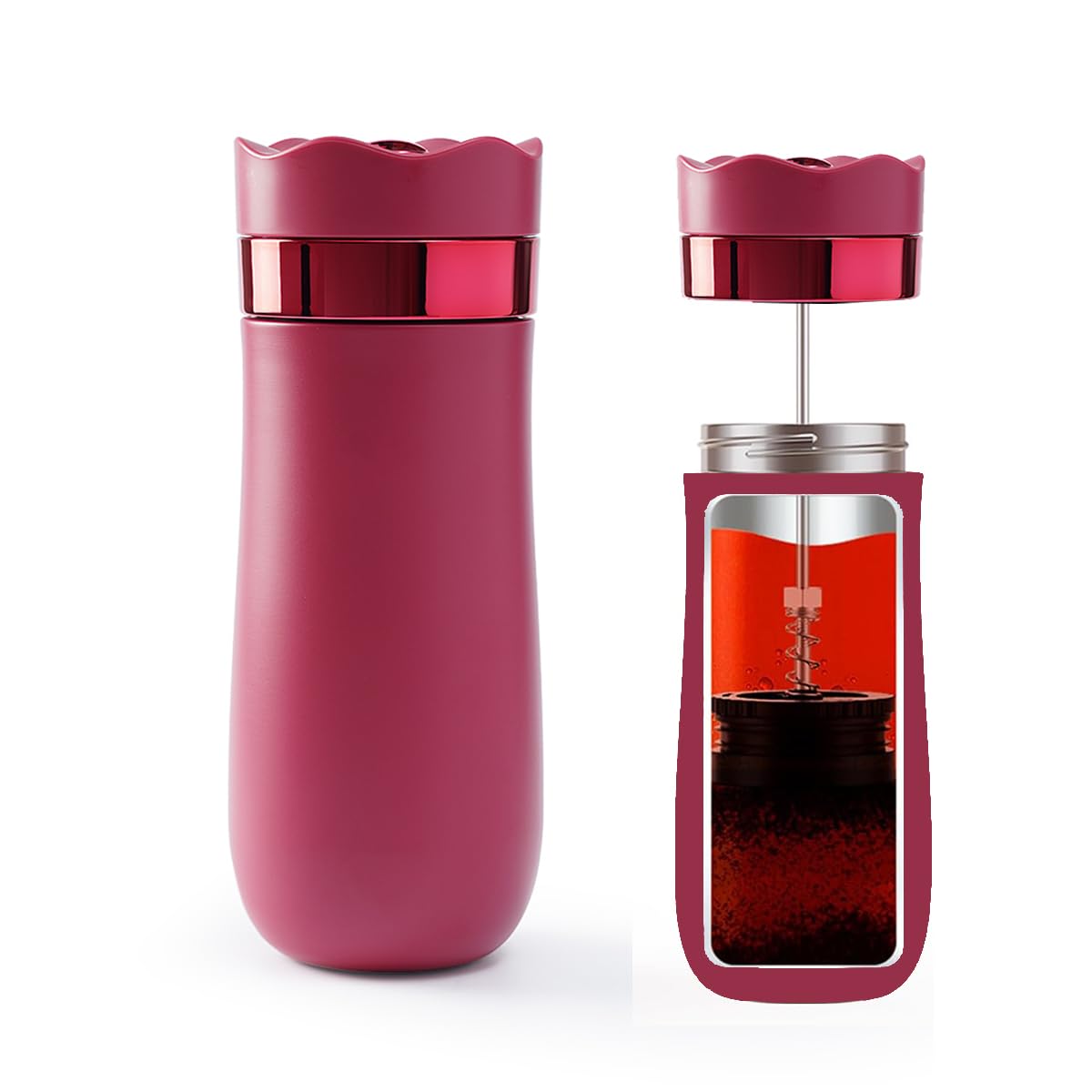 HKFENGPortable French Press Stainless Steel Coffee Maker Portable Espresso Maker Travel Coffee Maker Cold Brew Coffee Maker for Home Camping Travel Office (Red)