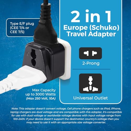 Image of OREI India Europe Travel Adapter, India to Europe (Schuko) Plug, Type E /F European Plug Adapter - 2 in 1 - Perfect for Laptop, Camera Charger and More - CE, RoHS - Black - 5 Years Warranty