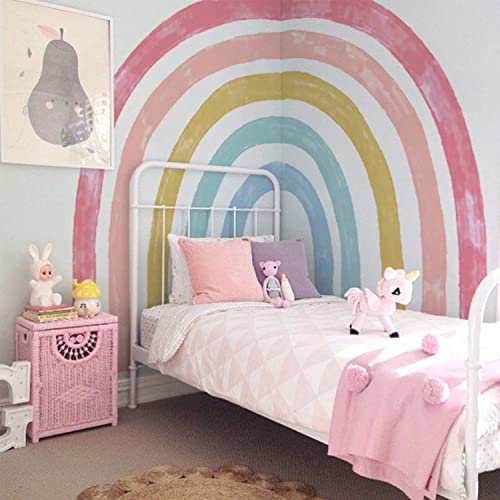 Image of Large Fabric Watercolor Rainbow Wall Mural Decals Peel and Stick, Self Adhesive Precut Colorful Rainbow Wall Art Stickers for Baby Kids Girls Bedroom Playroom Living Room nursery Wall Sticker Decals Decor, Watercolor Colorful Rainbow 94.5" x 82.7"