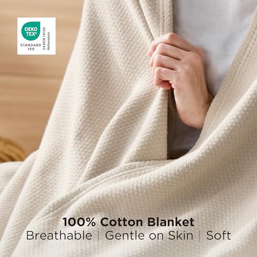 Image of Bedsure 100% Cotton Blanket, Herringbone Weave, Twin-XL, Linen Beige