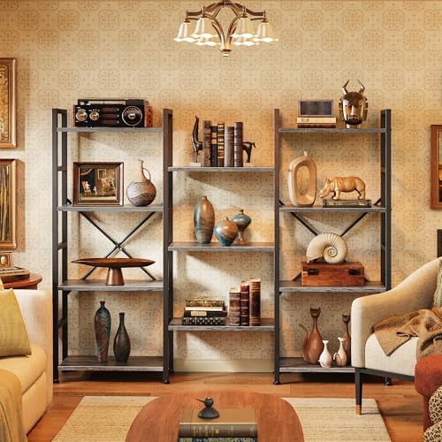 Image of SUPERJARE Triple Bookshelf, Bookcase with 11 Open Display Shelves, Wide Book Shelf Book Case for Home & Office, 4 Tier, Grey
