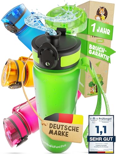 Funkelfuchs® - gourde pour enfants – 500ml, vert – convient aux boissons gazeuses - 100% étanche - bouteille d'eau passe au lave-vaisselle - pour maternelle, rentrée des classes, école, sport