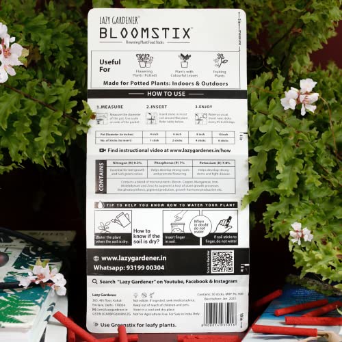 Image of Lazy Gardener Bloomstix Organic Fertilizer Sticks | Bloom Booster & Slow-Release Plant Food for Flowering Plants & Home Garden (Pack of 100)