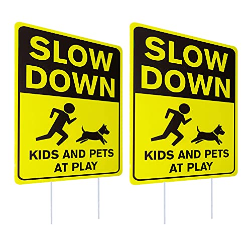 WaaHome 2 Pack Slow Down Signs for Neighborhoods, 12''X17'' Slow Down Kids And Pets At Play Yard Sign with Stakes