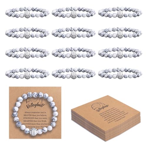 Sploziia 12 Sets Volleyball Bracelet Team Gifts Adjustable Black White Stone Beaded Charm Bracelet with Inspirational Card Bulk Party Favors Volleyball Gifts for Team Players Women Men
