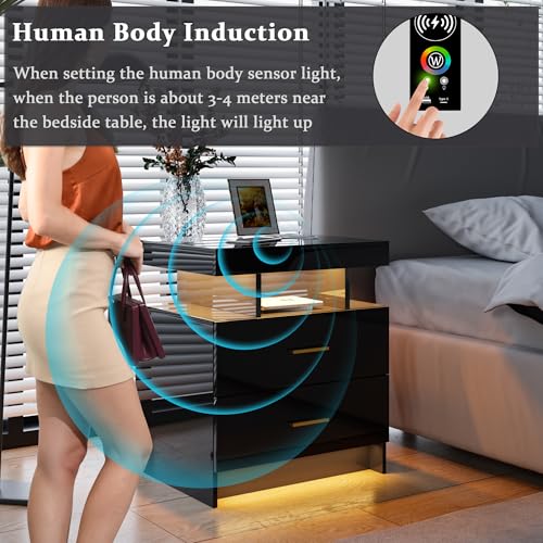 Image of HNEBC Auto LED Nightstands Set of 2,Modern Bedside Table with USB Ports & Wireless Charging Station,High Gloss Bedside Tables with 2 Drawers,Nightstands for Bedrooms /Living Room /Office (Black)