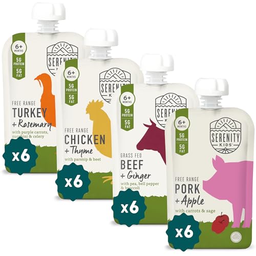 Serenity Kids 6+ Months Baby Food Pouches - Nutrient-Packed Organic Baby Food - Savory Meat & Herb Puree - Protein Pouches with 5g Protein for Toddler Snacks - 3.5 Oz 24 Pack