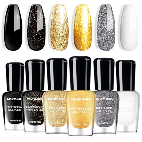 Morovan Nail Polish Set Fingernail: Black Gold White Glitter Nail