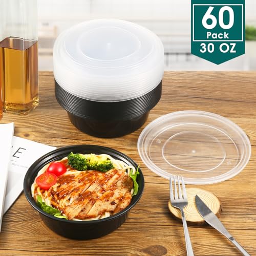 60 Pack Round Meal Prep Containers, 30 Oz Food Storage Containers with Lids, Extra-Thick Plastic To Go Containers, Disposable Bento Lunch Box for Take out, BPA Free, Dishwasher/Microwave/Freezer Safe