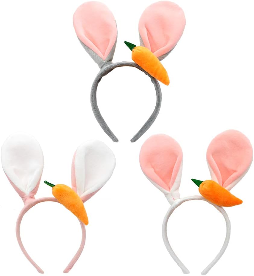 SHOKAN Easter Decorations Bunny Ears Headband, Carrot Rabbit Ear Headbands for Kids Aldults Easter Party Favor Accessory, Pink Plush Bunny Ear For Easter Eggs Hunt Bunny Costume Cosplay Prop