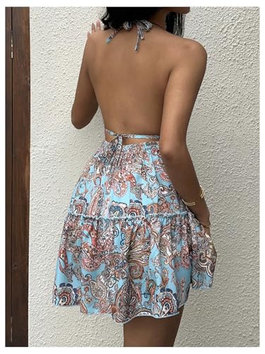 SOLY HUX Women's Boho Paisley Print Halter Dress Deep V Neck Tie Backless Sleeveless Ruffle Hem Mini Dresses Sundress2