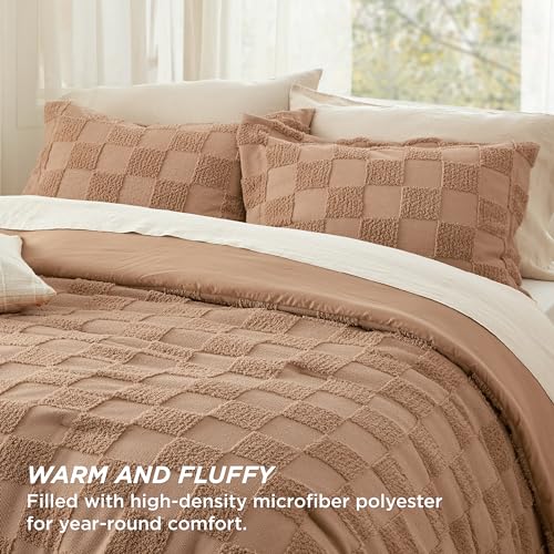 Image of Bedsure Terracotta Queen Size Comforter Set, Boho Tufted Bed Set, Checkered Farmhouse-Style Distressed Vintage Bedding, 3 Pieces, 1 Plaid Geometric Comforter and 2 Pillow Shams