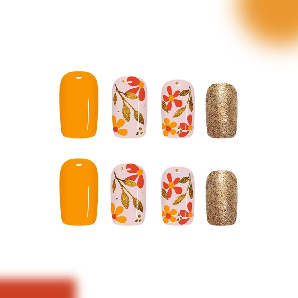 24Pcs Glittering Flower Print Artificial Fingernails Tips Quick Wearing and Short Square Type