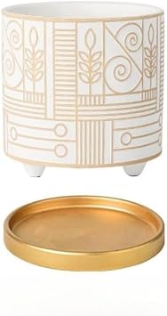 3 Legs and Geometric Pattern Cylindrical Ceramic Flowerpot, Ungrilled Terracotta Potted Planter White, L Parallel Import Product