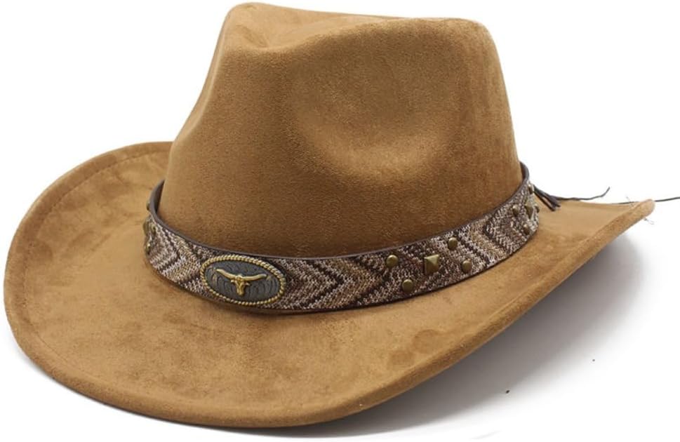 Western Cowboy Hat with Decorative Chain Band, Tan, Wide Brim