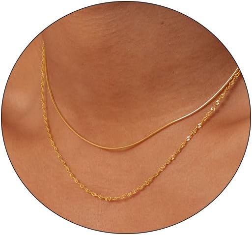 Gold Necklace for Women Dainty 14K Gold Plated Layered Necklaces Trendy Thin Gold Herringbone Snake Rope Chain Necklace Set Simple Stacked Choker Gold Jewelry Minimalist Gifts