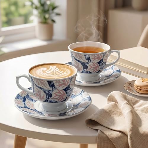 Image of U.P.C. Tea & Coffee Cup Saucer Set of 12 (6 Cups & 6 Saucers) | Navy Blue & Blush Pink Tropical Leaf Print | Ceramic Crockery Set for Home, Kitchen & Gifting