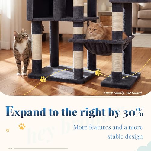 Image of Hey-brother Cat Tree Tower, Wide Base, 5 Platforms for Multi-Cats, MPJ074G | 72.8 Inches Tall Furniture, 5 Plush Beds, Large Condo, Big Hammocks, Sisal Scratching Posts, for Indoor Adult Cat, Smoky Gray