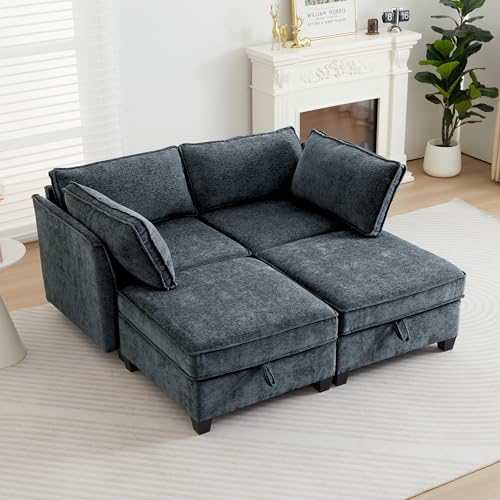 Image of ORRD Sleeper Modular Sectional Sofa Set, Convertible Couch Bed with Storage, 4 Seater and 2 Armrestes Sofa Modular for Living Room, Office (Blue Grey)