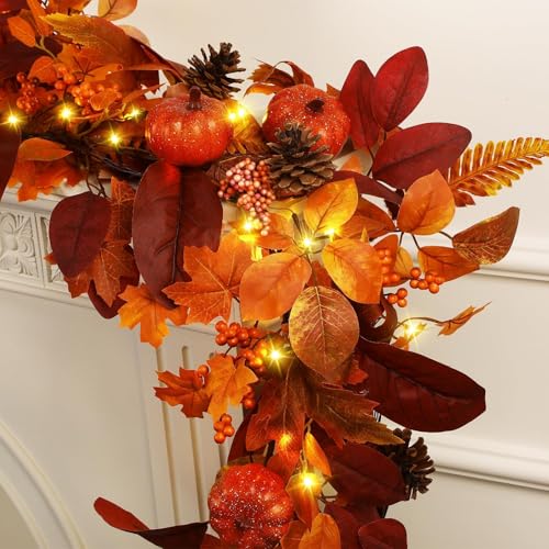 SHareconn 6ft Fall Garland with Lights, Autumn Leaves Garland with